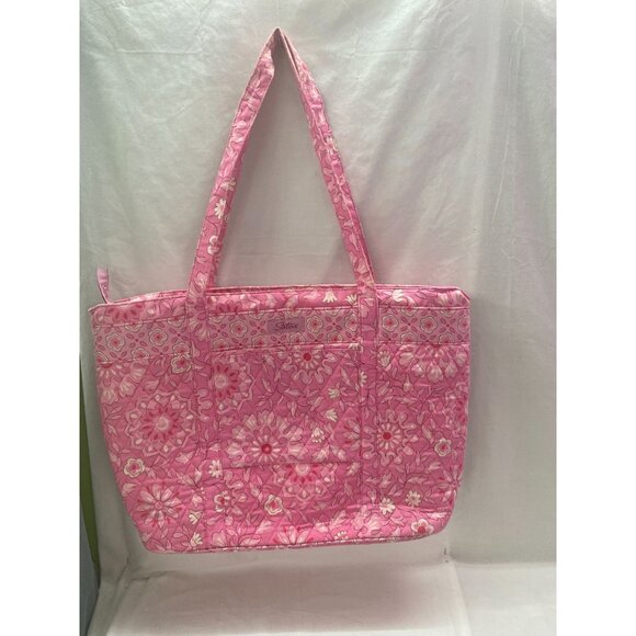 Longaberger Sisters Womens Large Pink Floral Quilted Zipper Tote Bag 100% Cotton - Picture 1 of 9